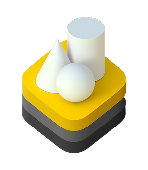 Logo for Apple's RealityKit framework, which is three stacked rectangles, dark grey, grey, then yellow at the top, with a 3D sphere, a cylinder, and a cone in white sitting on top