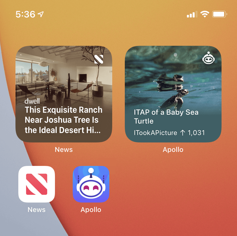 News and Apollo widgets on home screen
