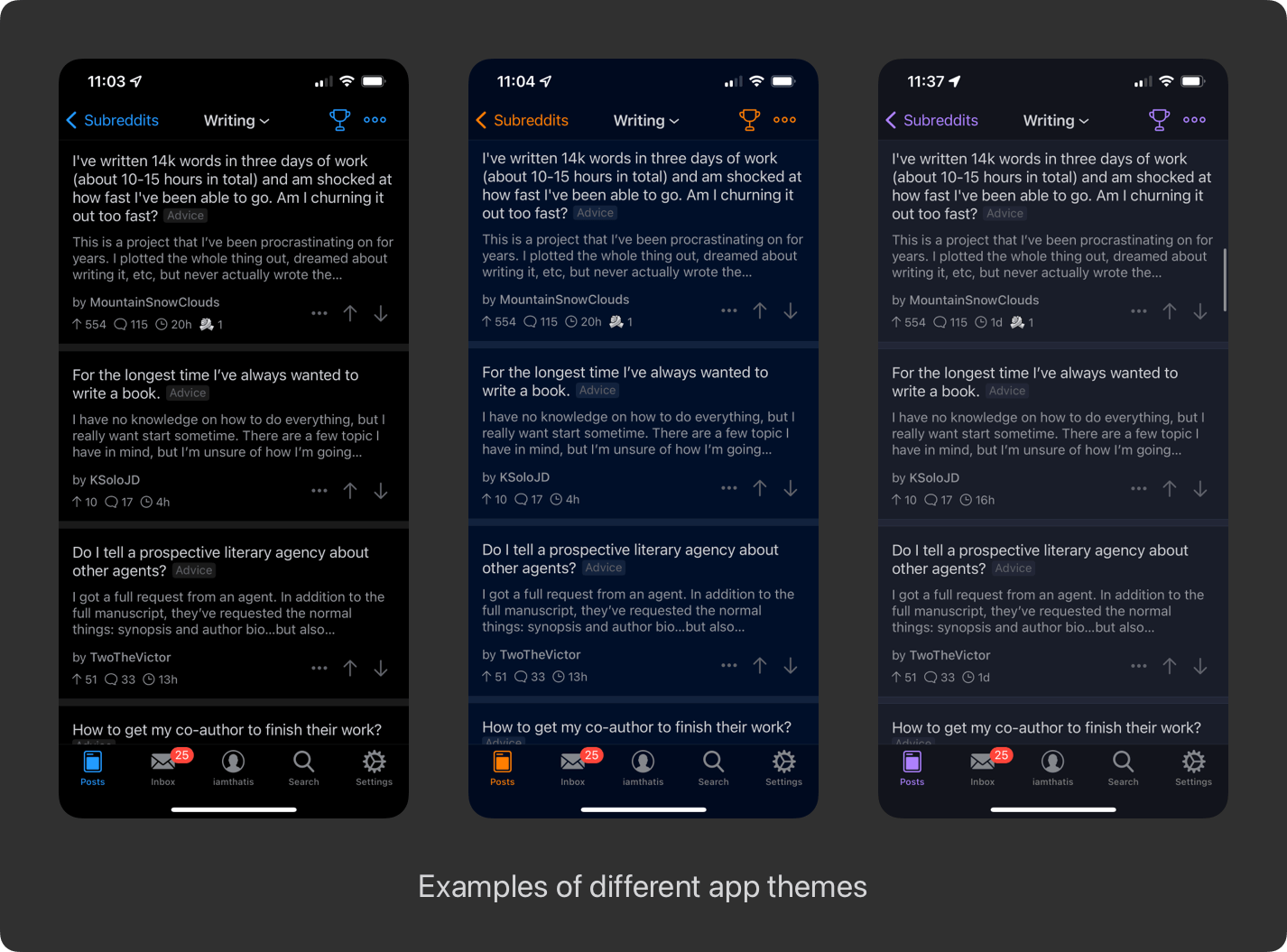 Three examples of different dark themes in the Apollo app
