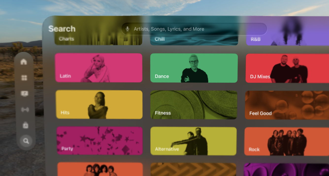 visionOS Music app in the Joshua Tree environment with the window showing a search bar at the top with rounded corners
