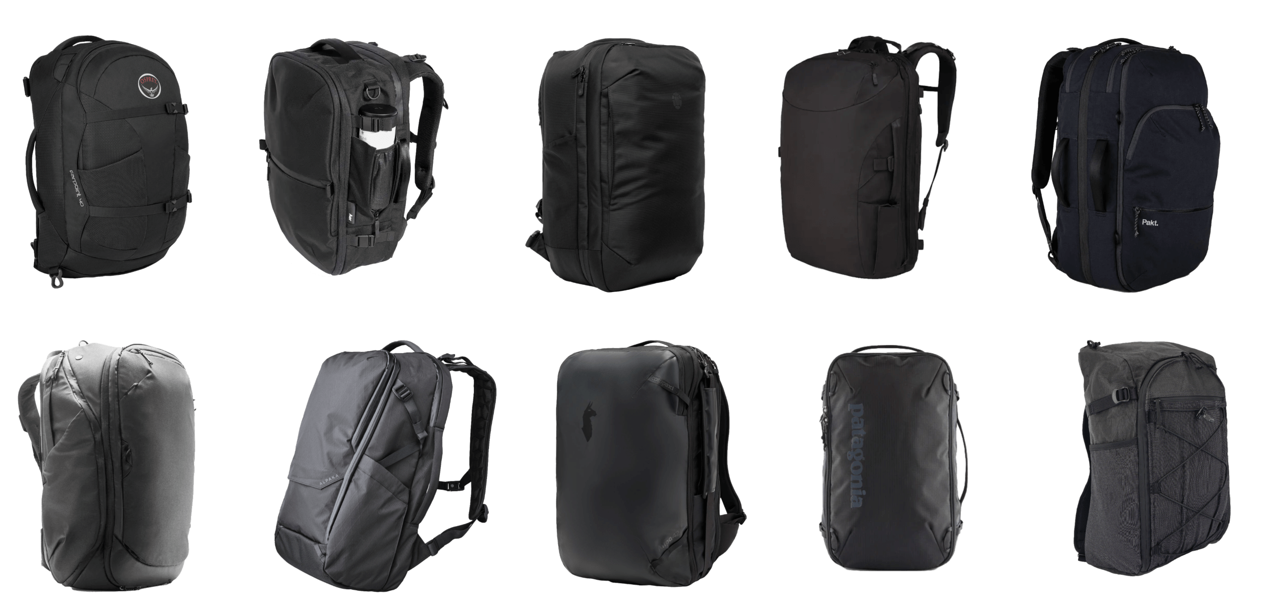 An assorted group of 10 different black travel backpacks, two rows with 5 columns each.