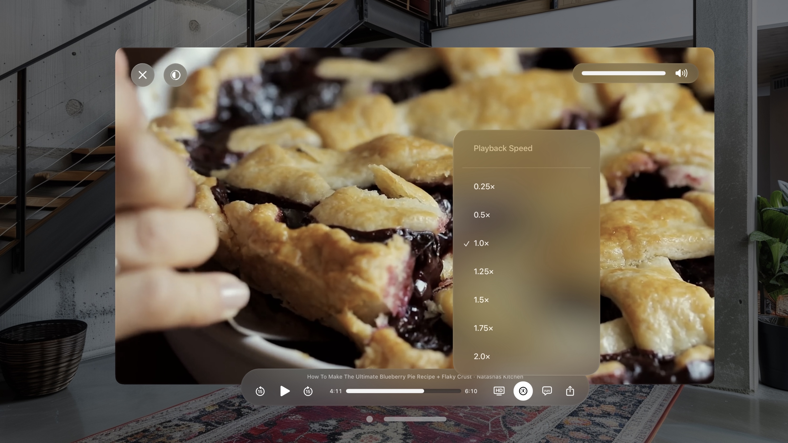 A video about blueberry pie in Juno with the playback speed controls visible