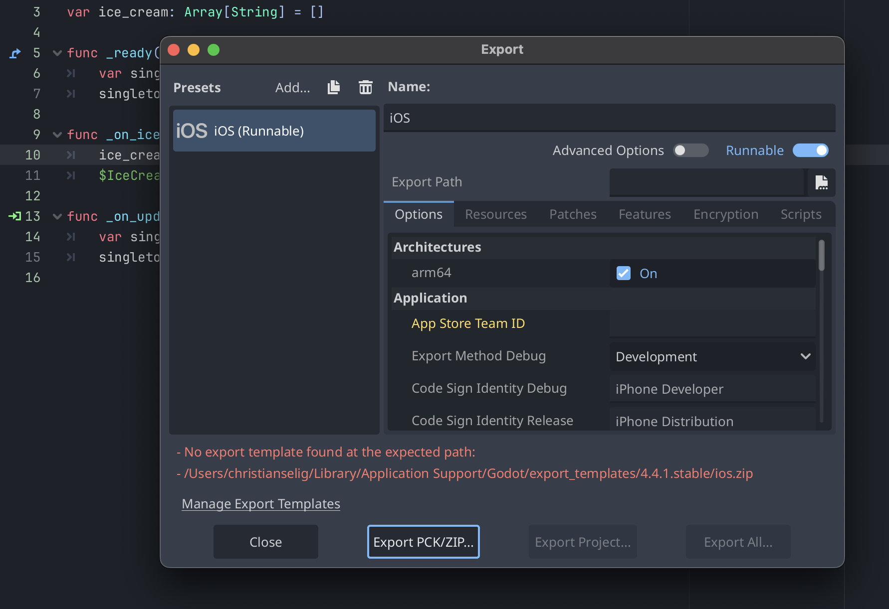 Godot's export screen with iOS preselected