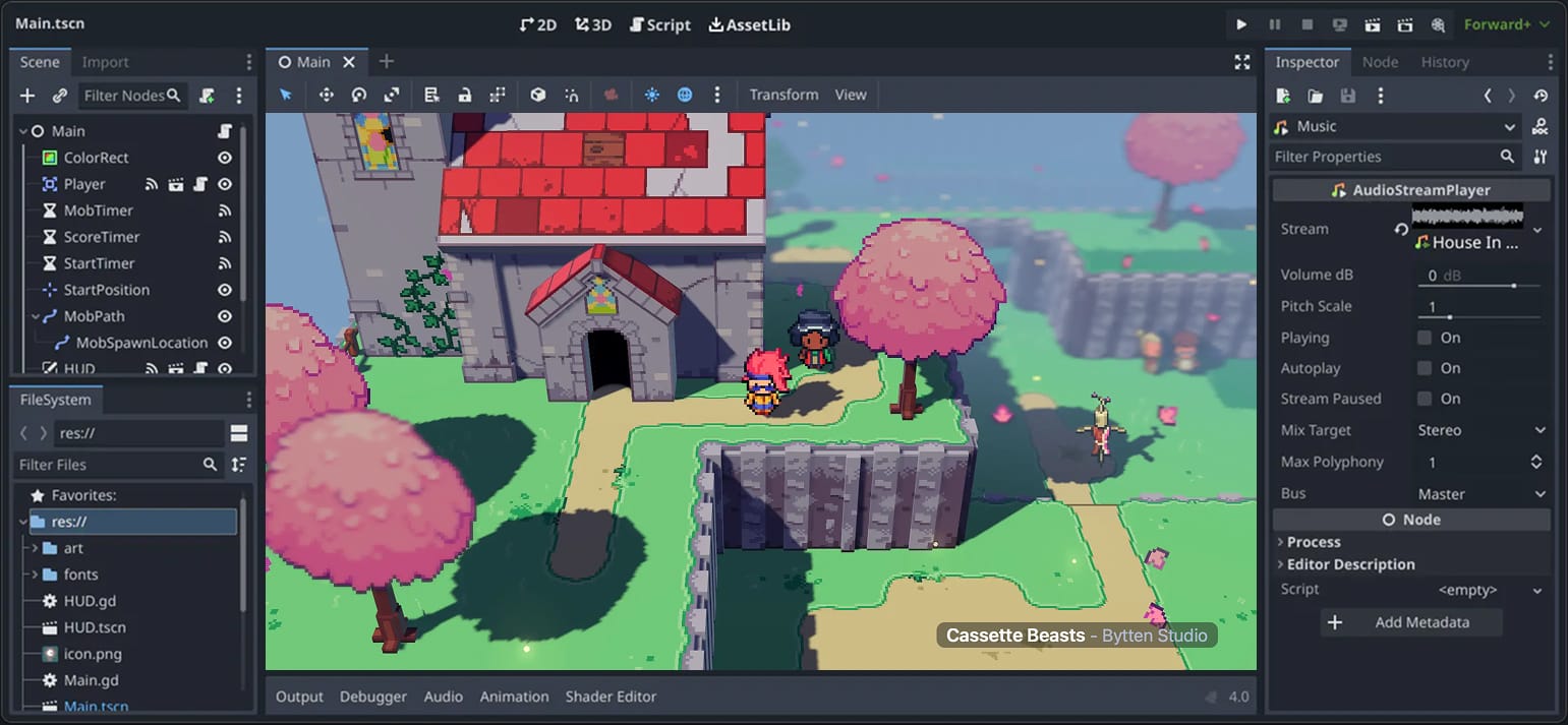 Screenshot of the Godot editor with the Cassette Beats game visible inside