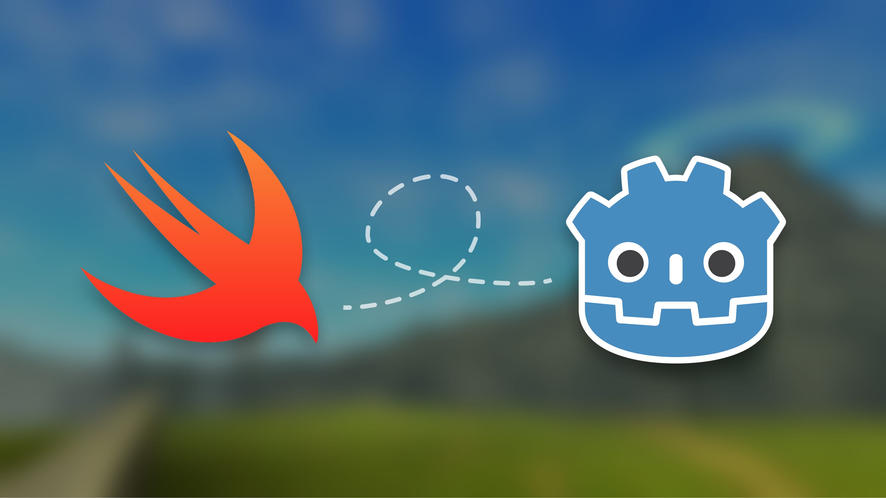 The Swift and Godot logos side by side over top a blurred image of Hyrule Field from Ocarina of Time