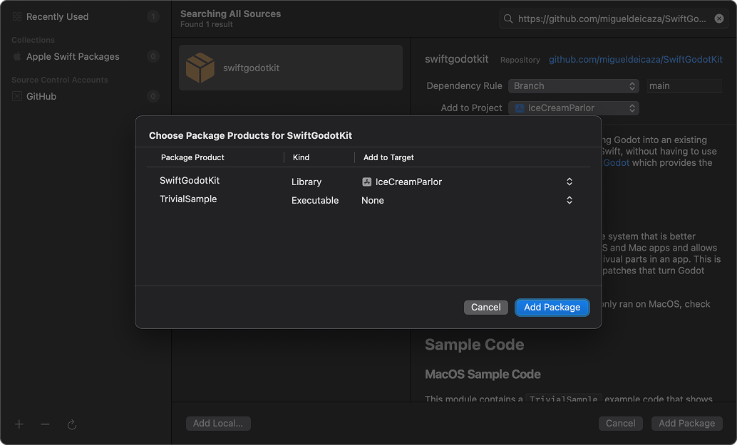 Adding SwiftGodotKit to Xcode via the Swift Package Manager