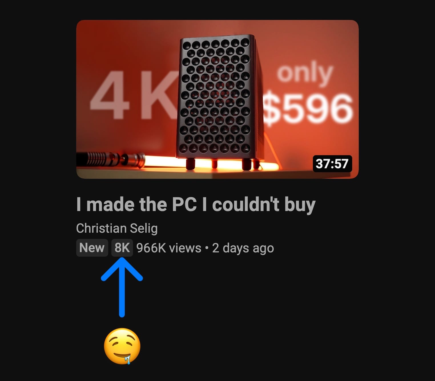 Screenshot of my YouTube video that has the 8K metadata badge underneath