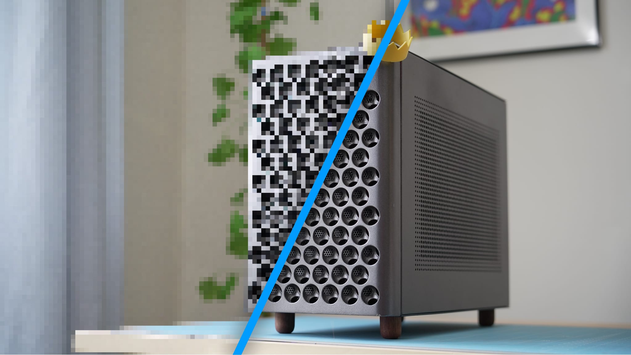 A PC case sitting on a desk, and the left half of the image is very pixelated with the right half being very sharp